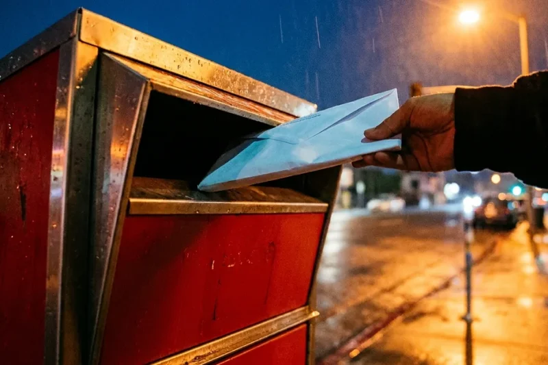 A hand slides a sealed pale-blue vote-by-mail envelope into a red county ballot drop box on a rain-wet Los Angeles street at night