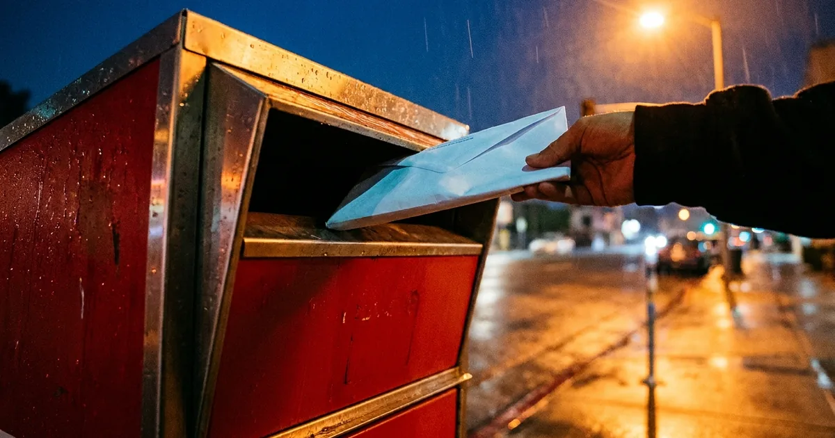 A hand slides a sealed pale-blue vote-by-mail envelope into a red county ballot drop box on a rain-wet Los Angeles street at night