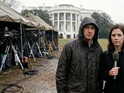 A camera operator in a rain jacket and a correspondent holding a microphone stand beside a row of television cameras under tents on the White House lawn.