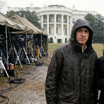 A camera operator in a rain jacket and a correspondent holding a microphone stand beside a row of television cameras under tents on the White House lawn.