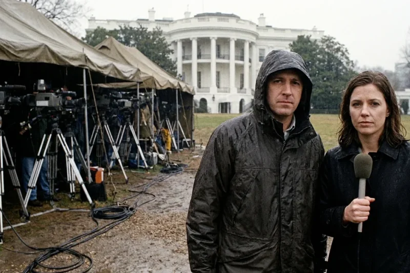 A camera operator in a rain jacket and a correspondent holding a microphone stand beside a row of television cameras under tents on the White House lawn.