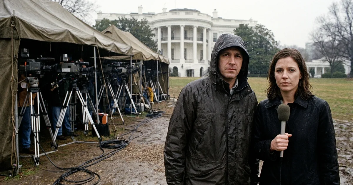 A camera operator in a rain jacket and a correspondent holding a microphone stand beside a row of television cameras under tents on the White House lawn.