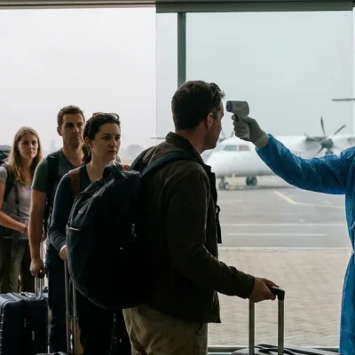 A health officer in a mask, gloves and blue gown points an infrared thermometer at an arriving passenger as travellers with luggage queue at an airport terminal window, a turboprop airliner parked outside
