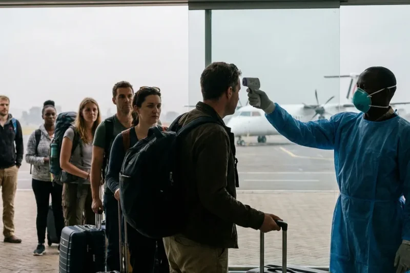 A health officer in a mask, gloves and blue gown points an infrared thermometer at an arriving passenger as travellers with luggage queue at an airport terminal window, a turboprop airliner parked outside