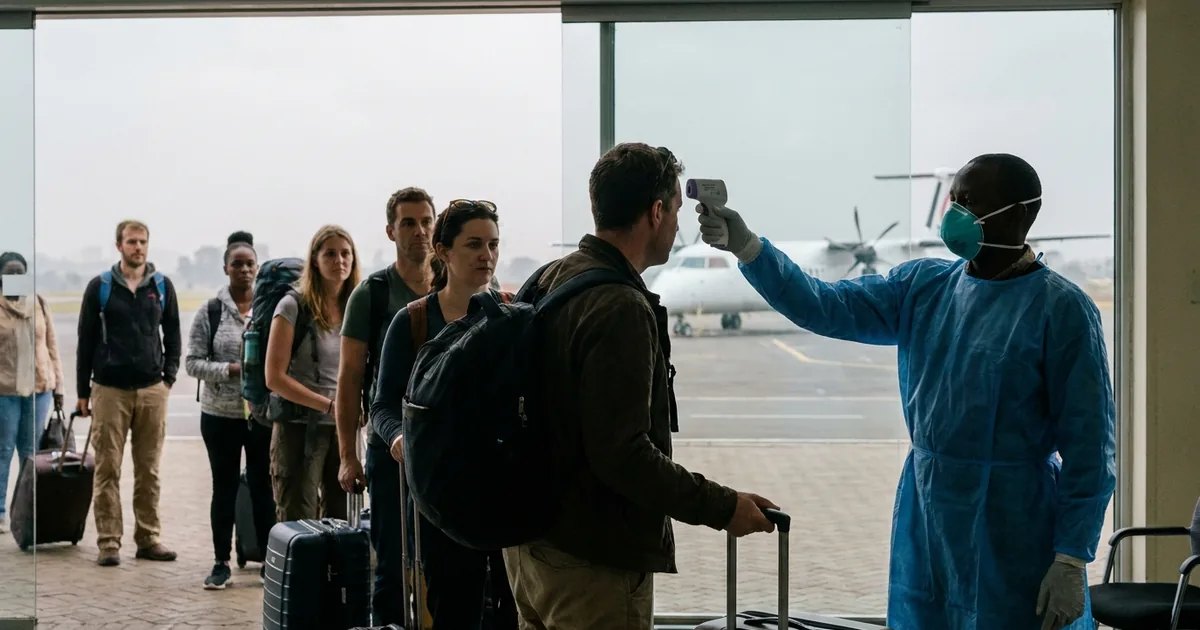 A health officer in a mask, gloves and blue gown points an infrared thermometer at an arriving passenger as travellers with luggage queue at an airport terminal window, a turboprop airliner parked outside
