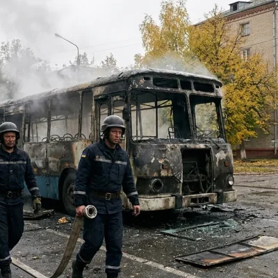 Two Ukrainian emergency rescuers in helmets walk toward the camera dragging a fire hose past a charred, smoking city bus on a tree-lined street, with a police officer on a radio and a brick apartment block behind