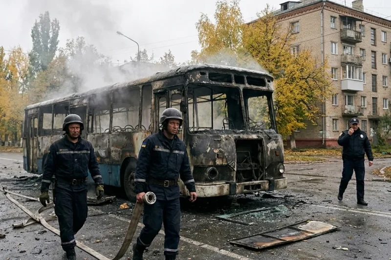 Two Ukrainian emergency rescuers in helmets walk toward the camera dragging a fire hose past a charred, smoking city bus on a tree-lined street, with a police officer on a radio and a brick apartment block behind