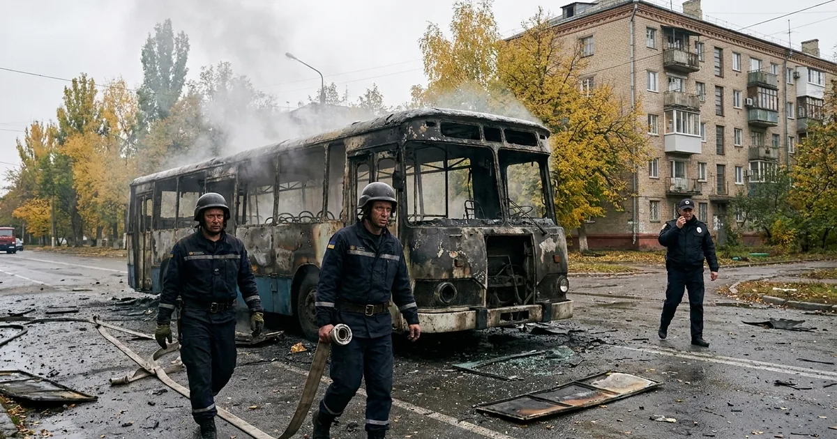 Two Ukrainian emergency rescuers in helmets walk toward the camera dragging a fire hose past a charred, smoking city bus on a tree-lined street, with a police officer on a radio and a brick apartment block behind