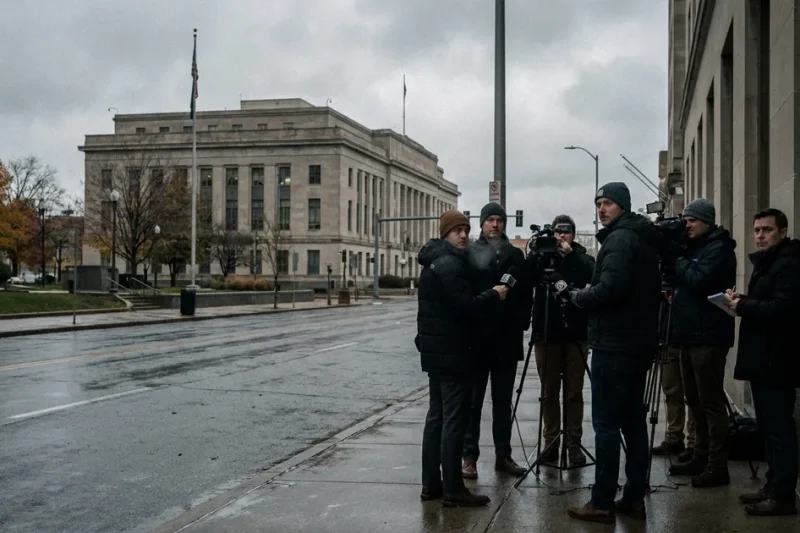 Reporters and camera crews gather on a wet sidewalk outside a federal courthouse in Norfolk, Virginia, on an overcast morning