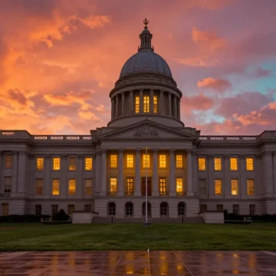A columned state capitol building lit from within at dusk under a vivid orange, magenta and teal sky