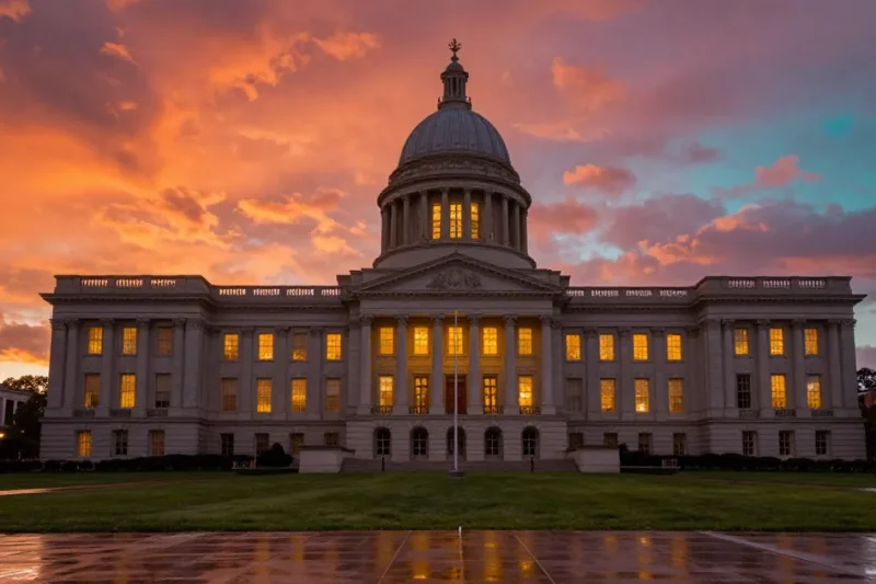 A columned state capitol building lit from within at dusk under a vivid orange, magenta and teal sky