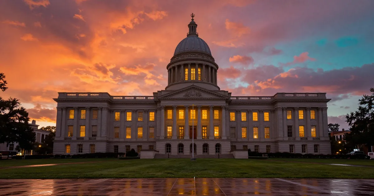 A columned state capitol building lit from within at dusk under a vivid orange, magenta and teal sky