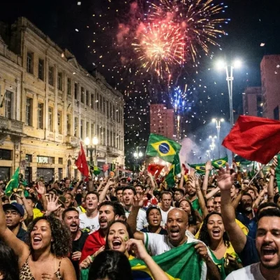 Illustration of a crowd cheering on a city avenue at night, waving red flags and Brazilian flags under fireworks