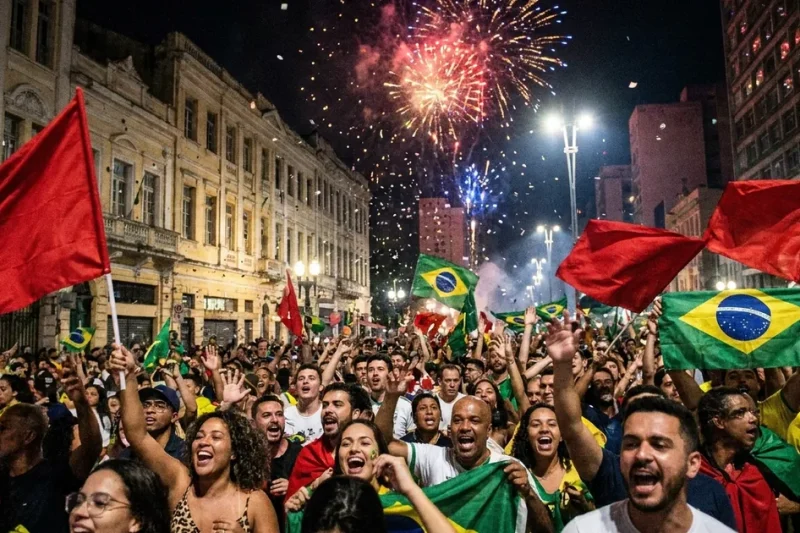 Illustration of a crowd cheering on a city avenue at night, waving red flags and Brazilian flags under fireworks