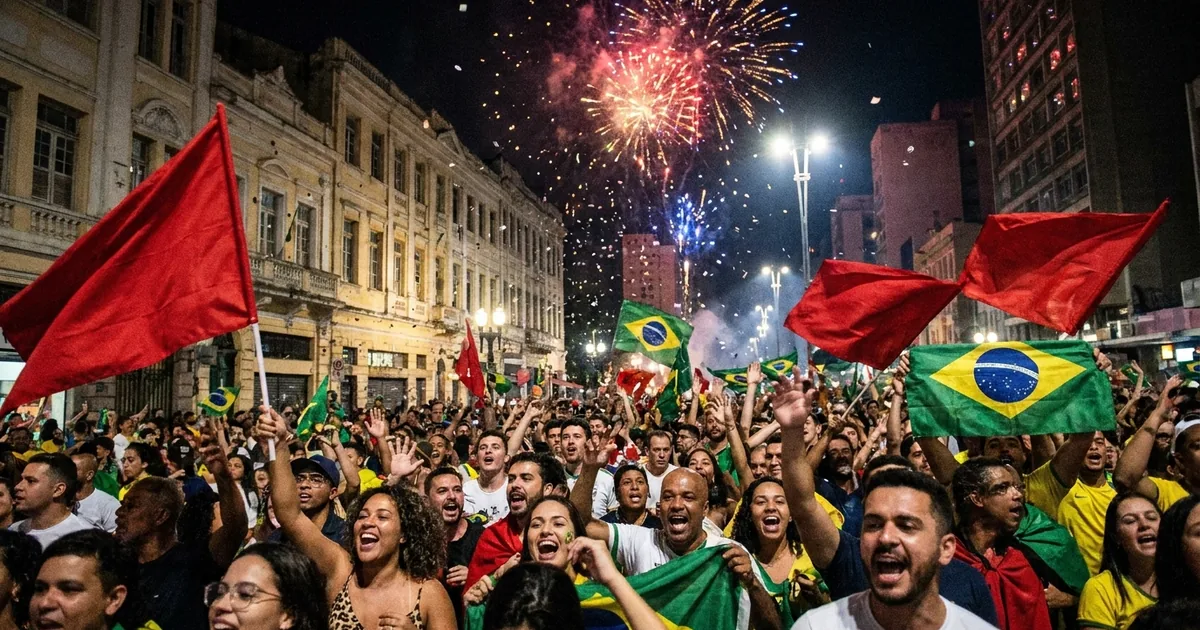 Illustration of a crowd cheering on a city avenue at night, waving red flags and Brazilian flags under fireworks
