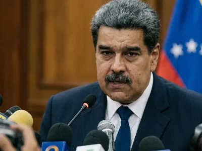 Nicolas Maduro in a dark suit speaking into a cluster of news microphones in front of wood paneling and a Venezuelan flag