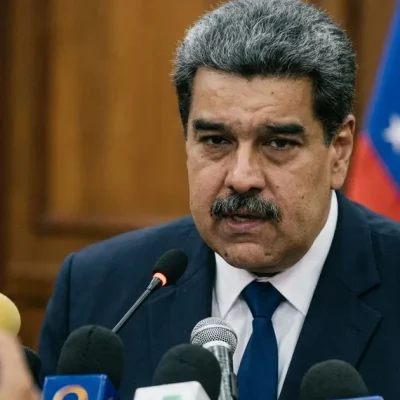 Nicolas Maduro in a dark suit speaking into a cluster of news microphones in front of wood paneling and a Venezuelan flag