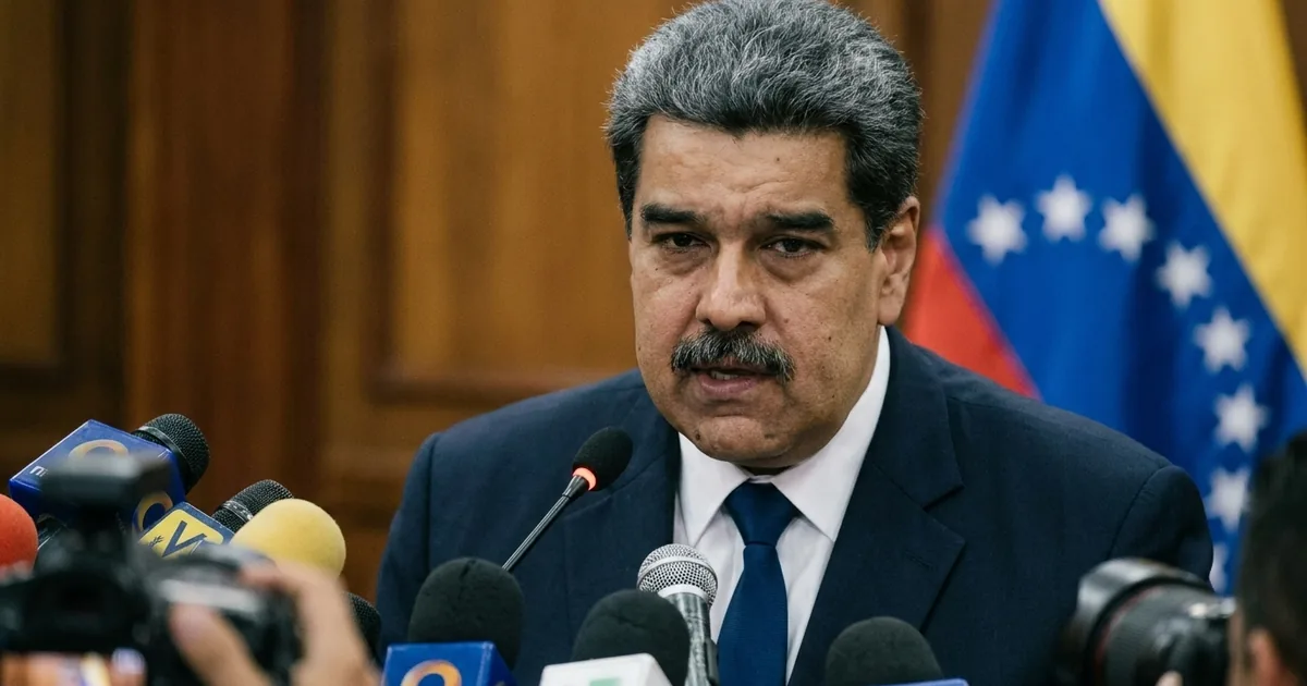Nicolas Maduro in a dark suit speaking into a cluster of news microphones in front of wood paneling and a Venezuelan flag