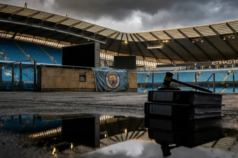 Empty Etihad Stadium stands under storm clouds, a Manchester City banner on the wall, with a stack of legal files and a gavel in the foreground