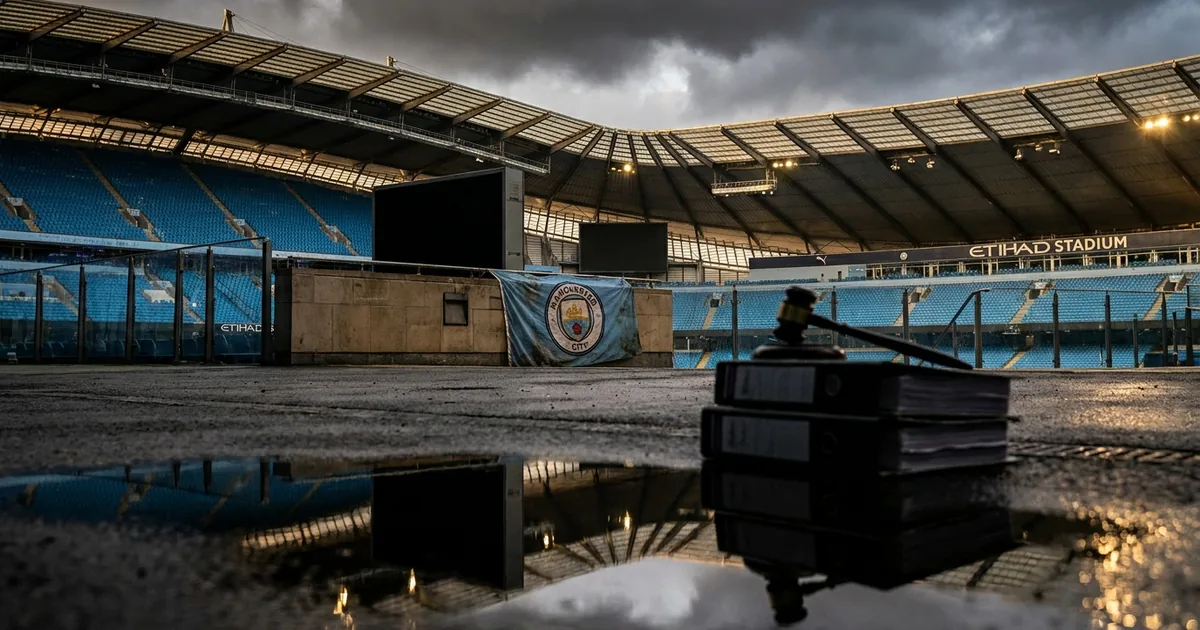 Empty Etihad Stadium stands under storm clouds, a Manchester City banner on the wall, with a stack of legal files and a gavel in the foreground