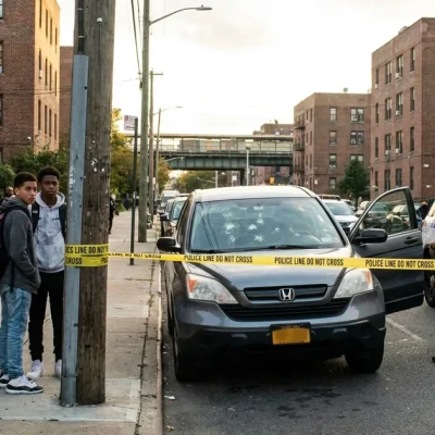 A gray SUV with bullet holes in its windshield behind yellow police tape on a brick-lined Marble Hill street, as neighbors and an NYPD officer look on