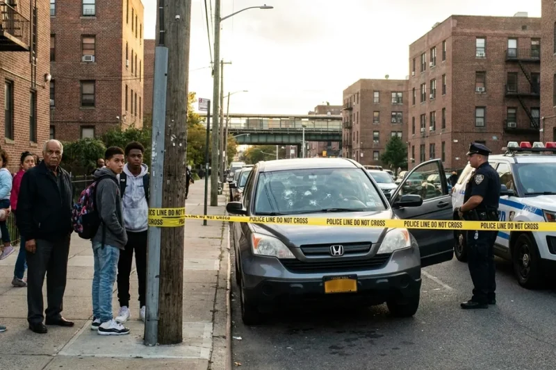 A gray SUV with bullet holes in its windshield behind yellow police tape on a brick-lined Marble Hill street, as neighbors and an NYPD officer look on