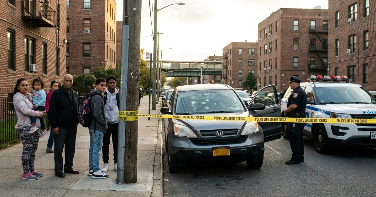 A gray SUV with bullet holes in its windshield behind yellow police tape on a brick-lined Marble Hill street, as neighbors and an NYPD officer look on