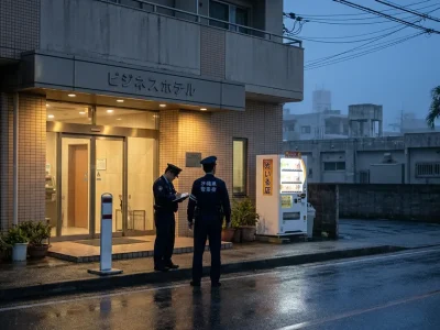 Two Okinawa Prefectural Police officers stand at the lit entrance of a Naha business hotel at blue hour, one writing in a notebook, on a wet empty street