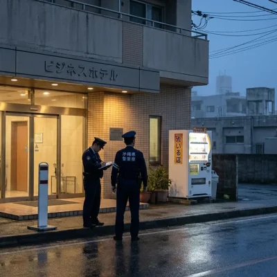 Two Okinawa Prefectural Police officers stand at the lit entrance of a Naha business hotel at blue hour, one writing in a notebook, on a wet empty street