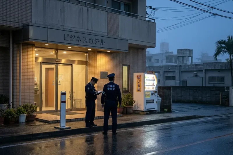 Two Okinawa Prefectural Police officers stand at the lit entrance of a Naha business hotel at blue hour, one writing in a notebook, on a wet empty street