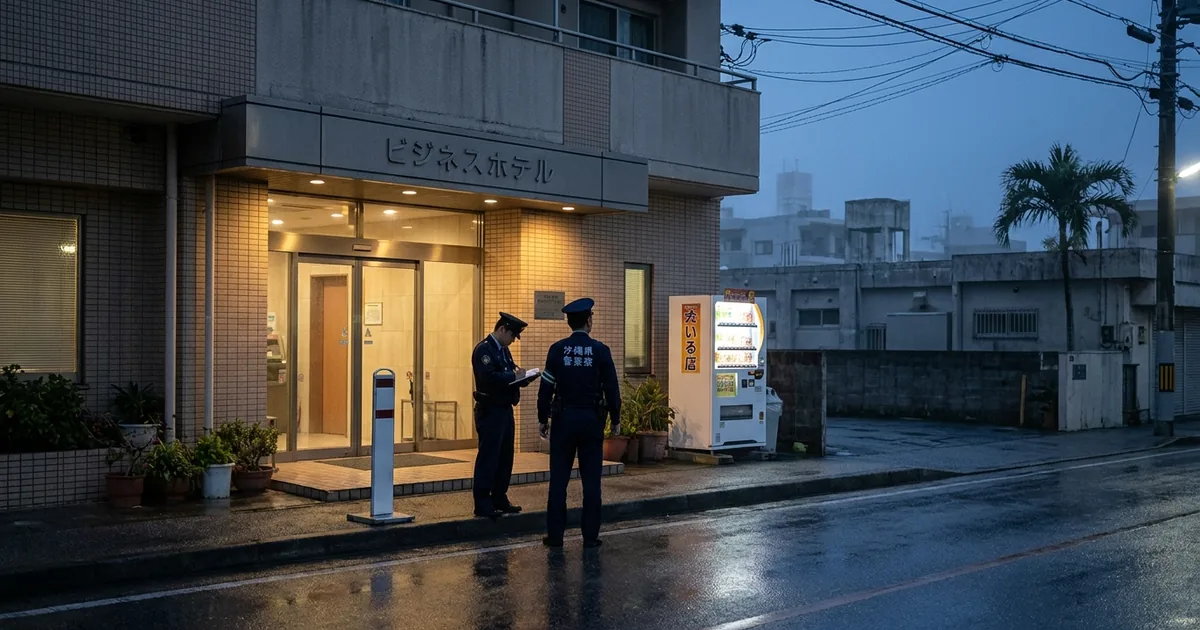 Two Okinawa Prefectural Police officers stand at the lit entrance of a Naha business hotel at blue hour, one writing in a notebook, on a wet empty street