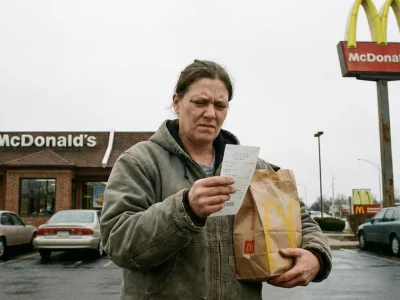 A woman holding a McDonald's takeout bag reads her receipt in the restaurant parking lot under a golden arches sign