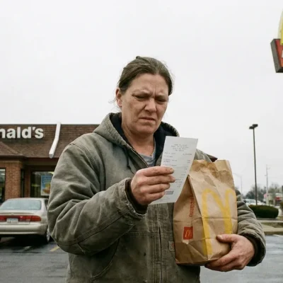 A woman holding a McDonald's takeout bag reads her receipt in the restaurant parking lot under a golden arches sign