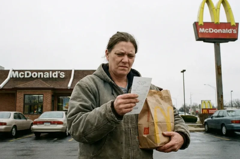 A woman holding a McDonald's takeout bag reads her receipt in the restaurant parking lot under a golden arches sign