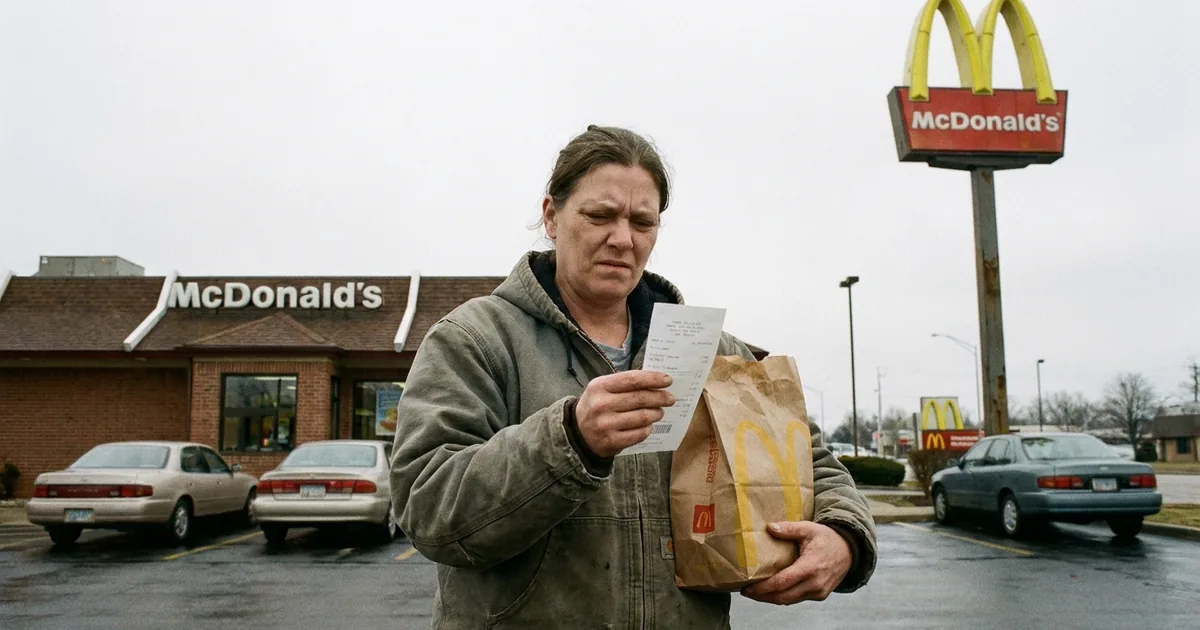 A woman holding a McDonald's takeout bag reads her receipt in the restaurant parking lot under a golden arches sign