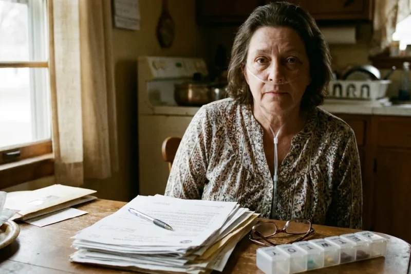 A woman wearing a nasal oxygen cannula sits at a kitchen table facing the camera, a stack of forms, reading glasses and a weekly pill organizer in front of her