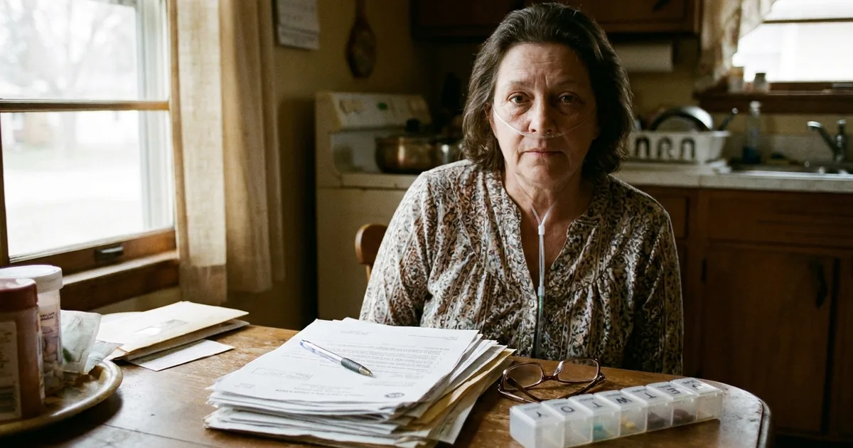 A woman wearing a nasal oxygen cannula sits at a kitchen table facing the camera, a stack of forms, reading glasses and a weekly pill organizer in front of her
