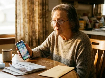 An older woman at a sunlit kitchen table holds a smartphone beside a stack of mail, a pill organizer and an unopened cream envelope