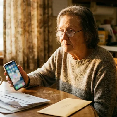 An older woman at a sunlit kitchen table holds a smartphone beside a stack of mail, a pill organizer and an unopened cream envelope