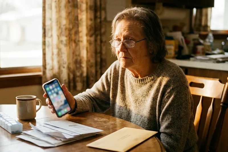 An older woman at a sunlit kitchen table holds a smartphone beside a stack of mail, a pill organizer and an unopened cream envelope