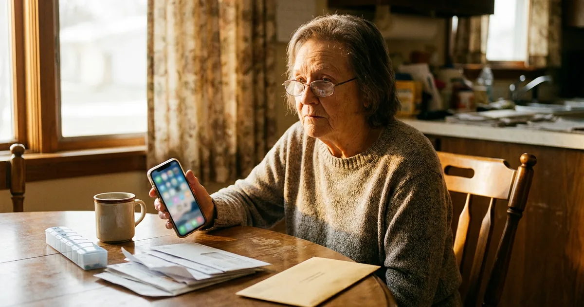 An older woman at a sunlit kitchen table holds a smartphone beside a stack of mail, a pill organizer and an unopened cream envelope