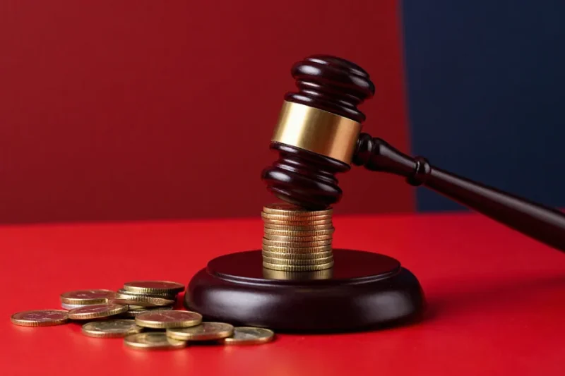 Wooden judge's gavel striking a stack of gold coins on a red table
