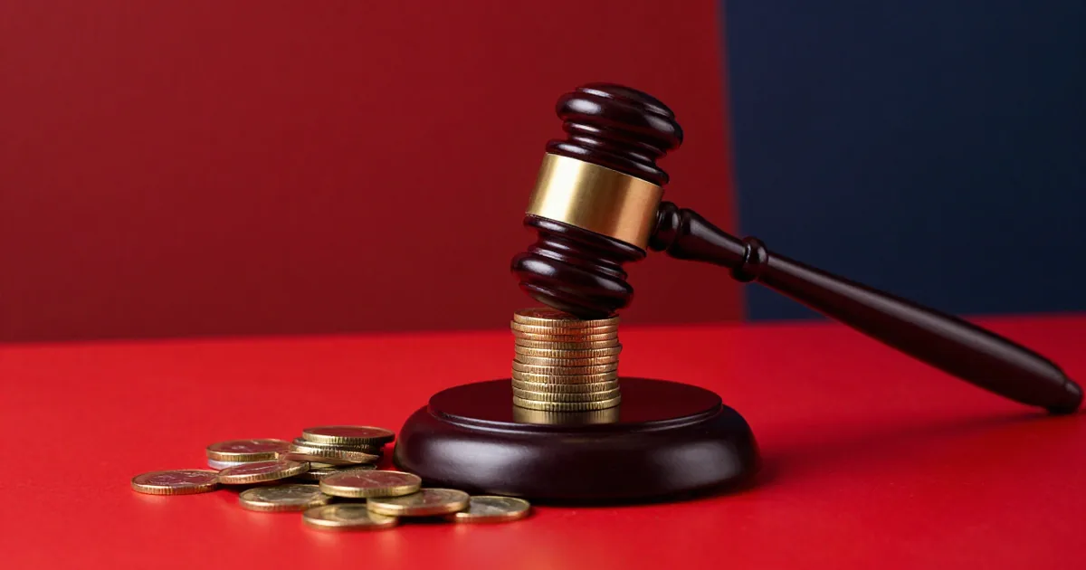 Wooden judge's gavel striking a stack of gold coins on a red table