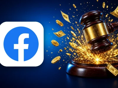 Facebook logo beside a judge's gavel smashing down amid a burst of gold coins and banknotes