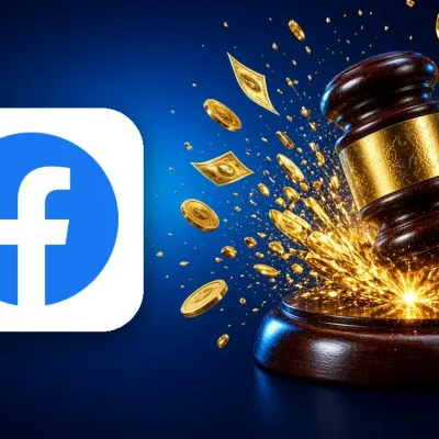 Facebook logo beside a judge's gavel smashing down amid a burst of gold coins and banknotes