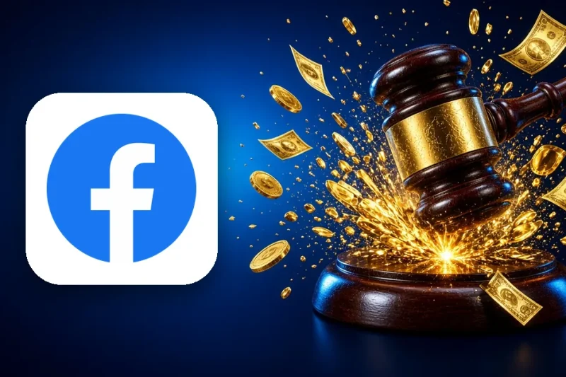 Facebook logo beside a judge's gavel smashing down amid a burst of gold coins and banknotes