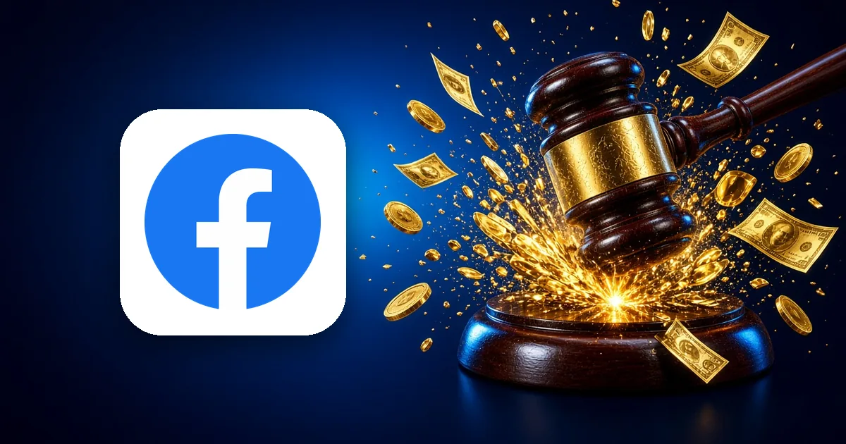 Facebook logo beside a judge's gavel smashing down amid a burst of gold coins and banknotes