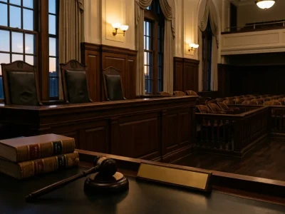 Empty judges' chairs behind a courtroom bench with a gavel and law books in the foreground