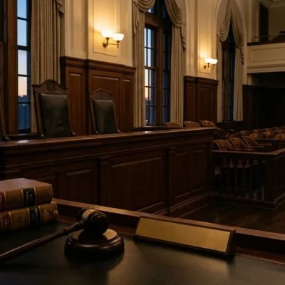 Empty judges' chairs behind a courtroom bench with a gavel and law books in the foreground