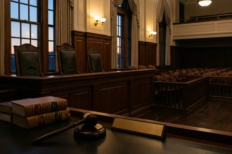 Empty judges' chairs behind a courtroom bench with a gavel and law books in the foreground